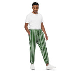 Man wearing a white t-shirt and green striped pants on a white background