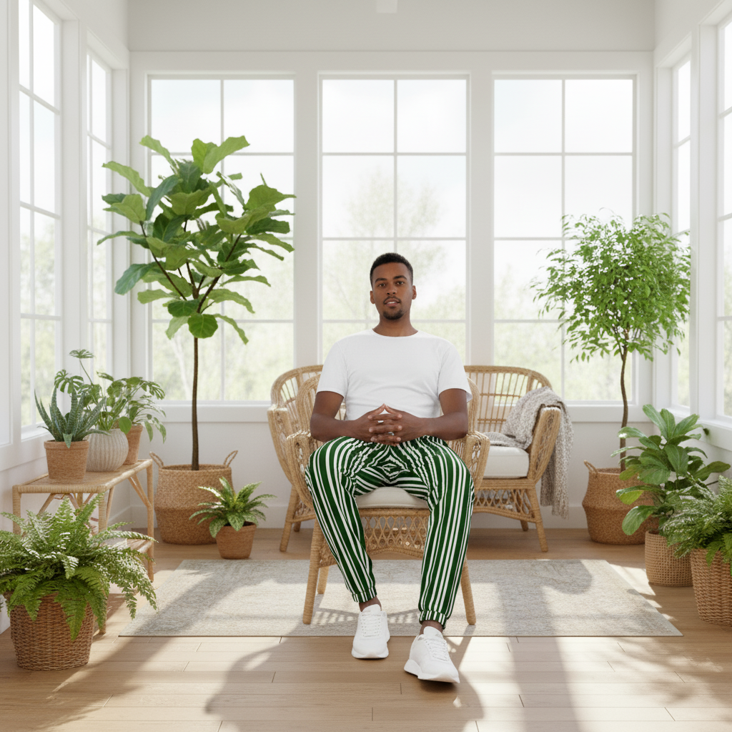 Man wearing a white t-shirt and green striped pants on a white background