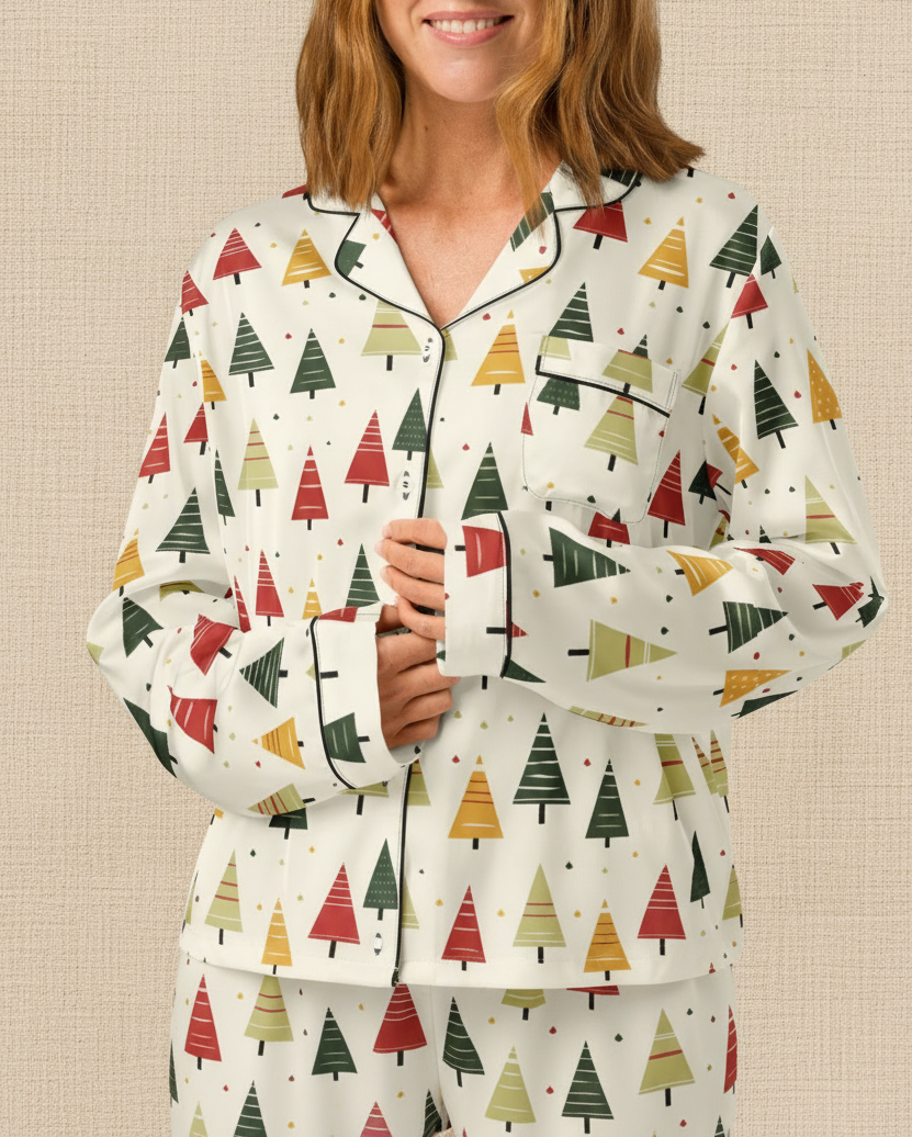 A woman wearing a matching pajama set with a festive Christmas tree print in red, green, and mustard yellow on an off-white background, styled with black piping. The photo is cropped from the chin down to the hips, set against a neutral beige textured background.