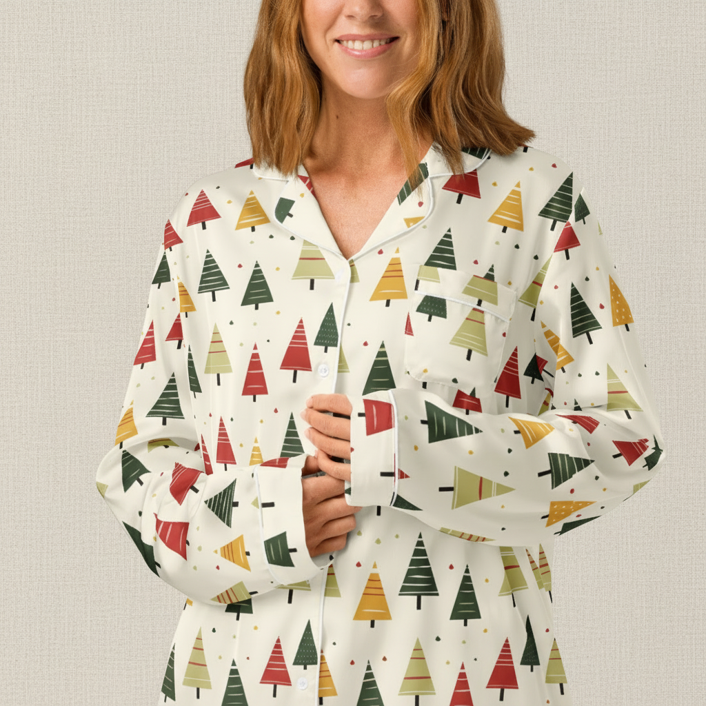 A woman wearing a long-sleeve button-up pajama shirt with a festive Christmas tree pattern in red, green, and mustard yellow on an off-white background, set against a neutral textured backdrop.