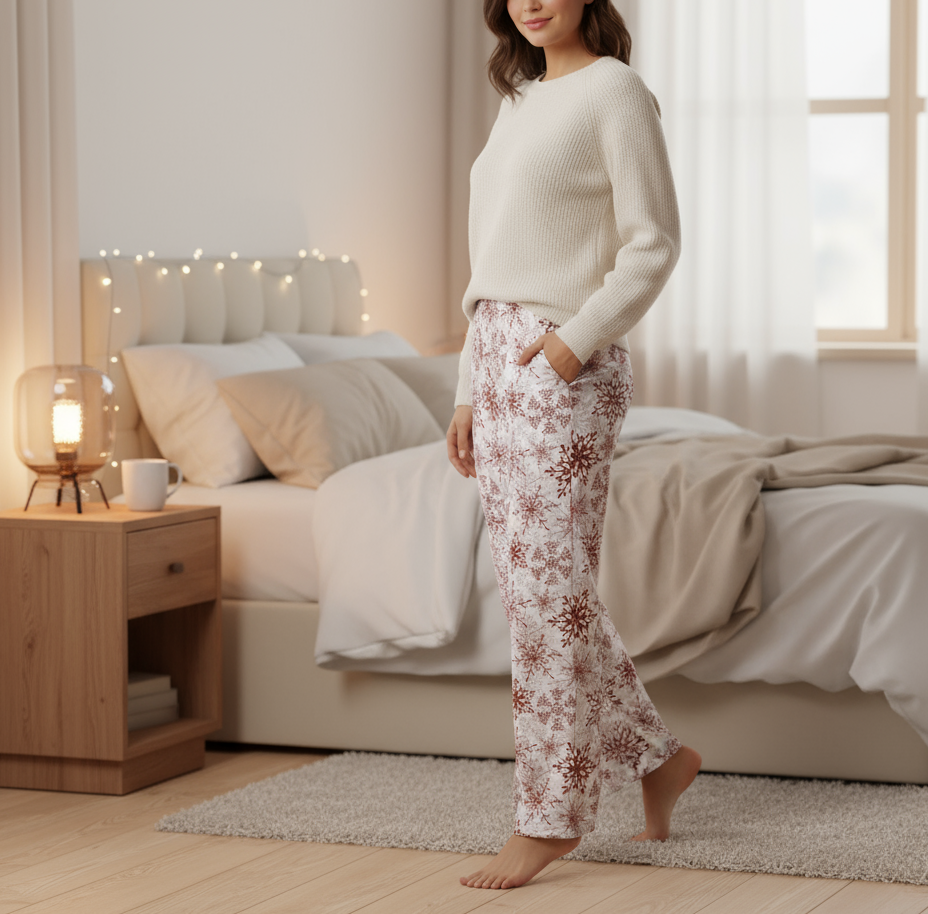 Woman in a cozy bedroom wearing a white sweater and floral pants.