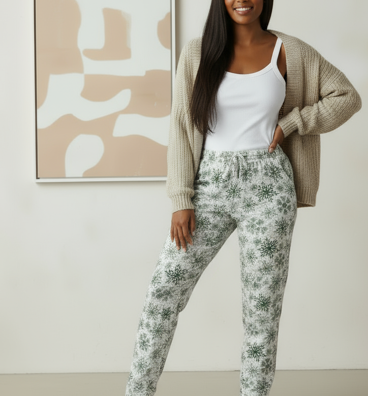 Woman wearing a white tank top and floral pants with a beige cardigan, standing against a neutral background.