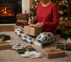 A woman in a red long-sleeve shirt and patterned pajama pants sits on a beige carpet, wrapping a gift box with brown paper. The scene is decorated for Christmas with a burning fireplace, a lit Christmas tree, and multiple wrapped presents around her.