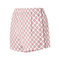 Women’s pajama shorts in white with red floral geometric print, elastic waistband