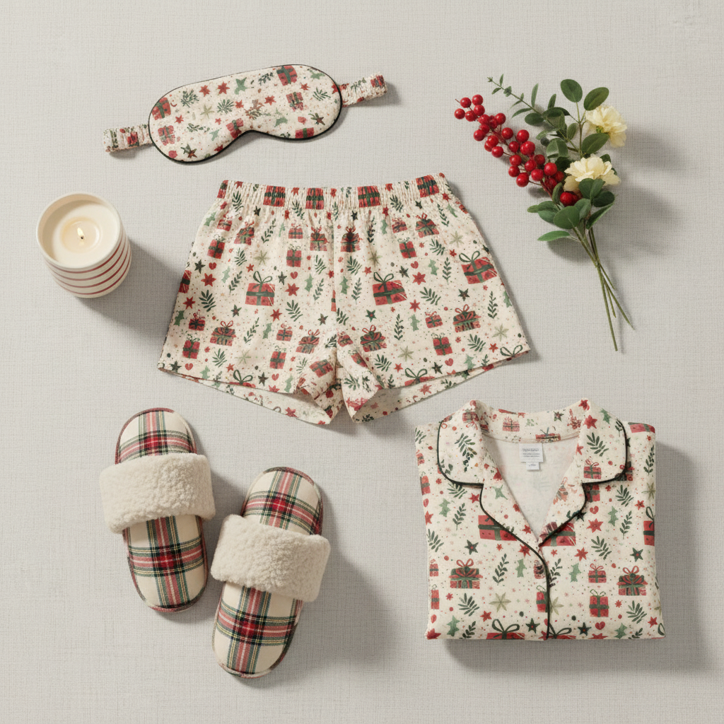 Holiday-themed pajama set with matching slippers, eye mask, and flowers on a light background