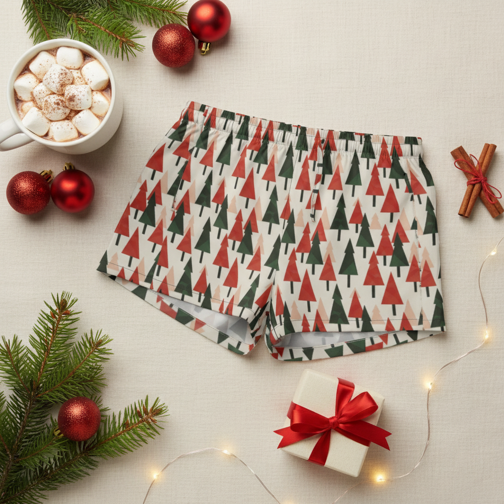 Holiday-themed boxer briefs with a red and green Christmas tree pattern, styled in a cozy flat-lay with a mug of marshmallow hot chocolate, red ornaments, pine branches, cinnamon sticks, and a small gift box.