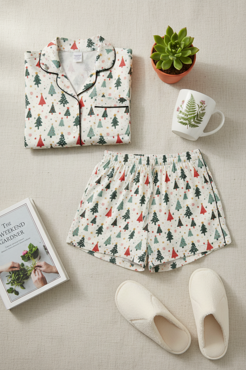 A styled flat lay of a matching pajama set with a Christmas tree print, including a folded long-sleeve pajama top and shorts, white slip-on slippers, a white mug with a green fern design, a small potted succulent, and a book on a textured beige fabric background.