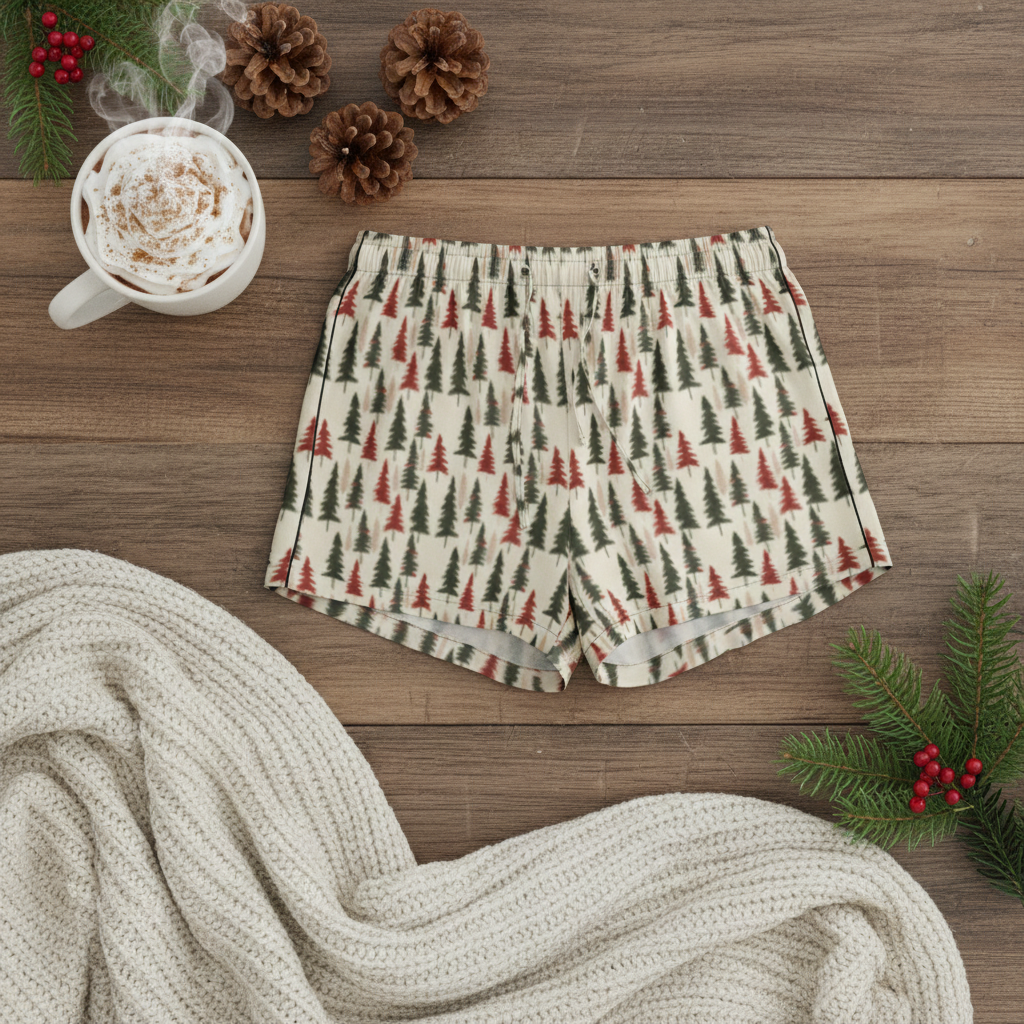 Christmas tree print pajama shorts on wood with elastic waistband and folded legs