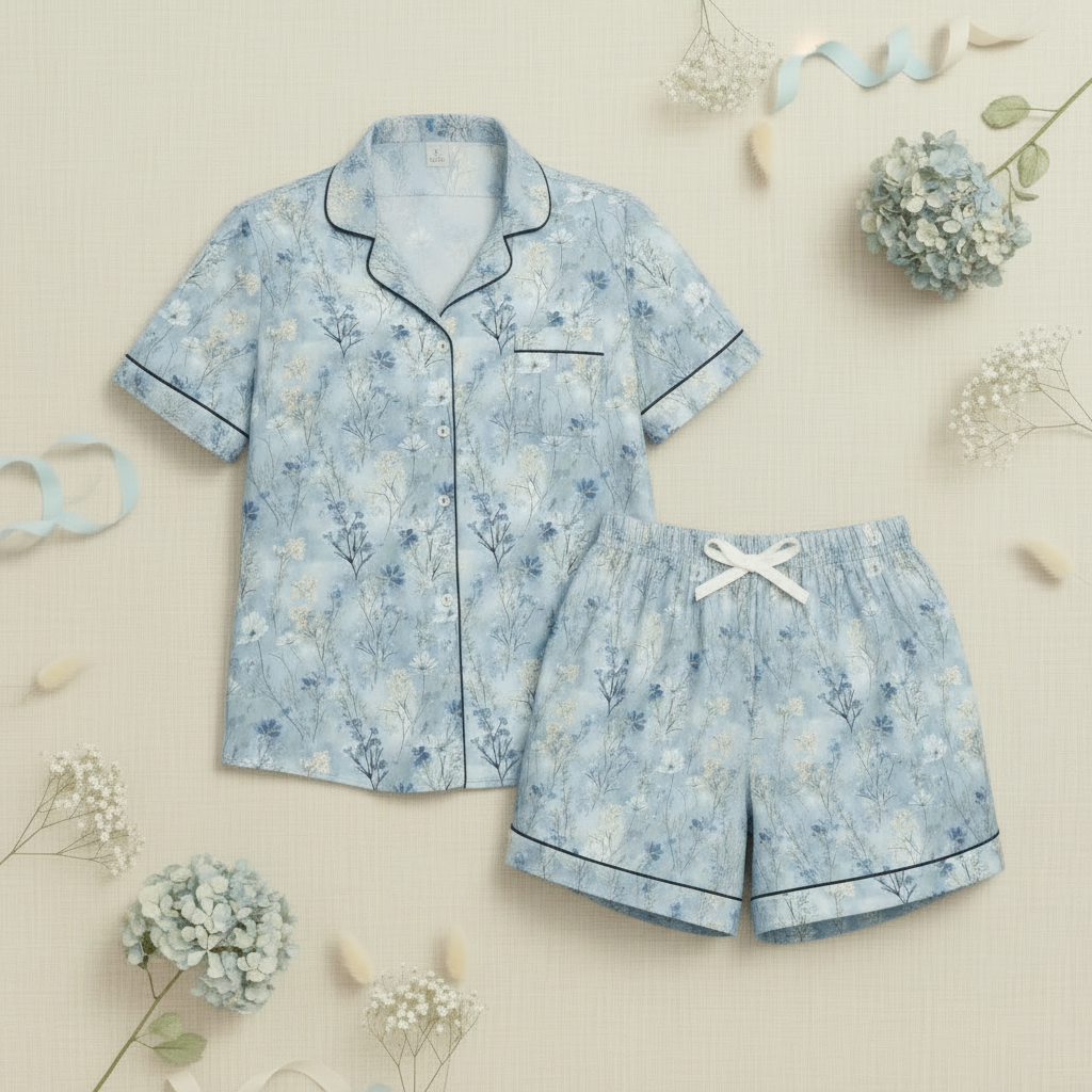 Floral pajama set with matching shorts on a light background