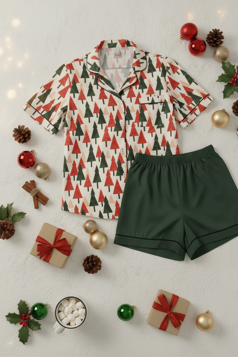 A two-piece pajama set laid flat on a white background with holiday decorations. The set includes a short-sleeve button-front pajama shirt with an allover Christmas tree pattern in red and dark green on an off-white base, and matching dark green pajama shorts with black piping.