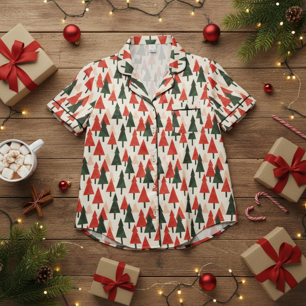 A short-sleeve button-up pajama shirt with a Christmas tree pattern, laid flat on a rustic wooden surface surrounded by holiday decorations including wrapped gifts, ornaments, pine branches, candy canes, and a mug of hot cocoa.