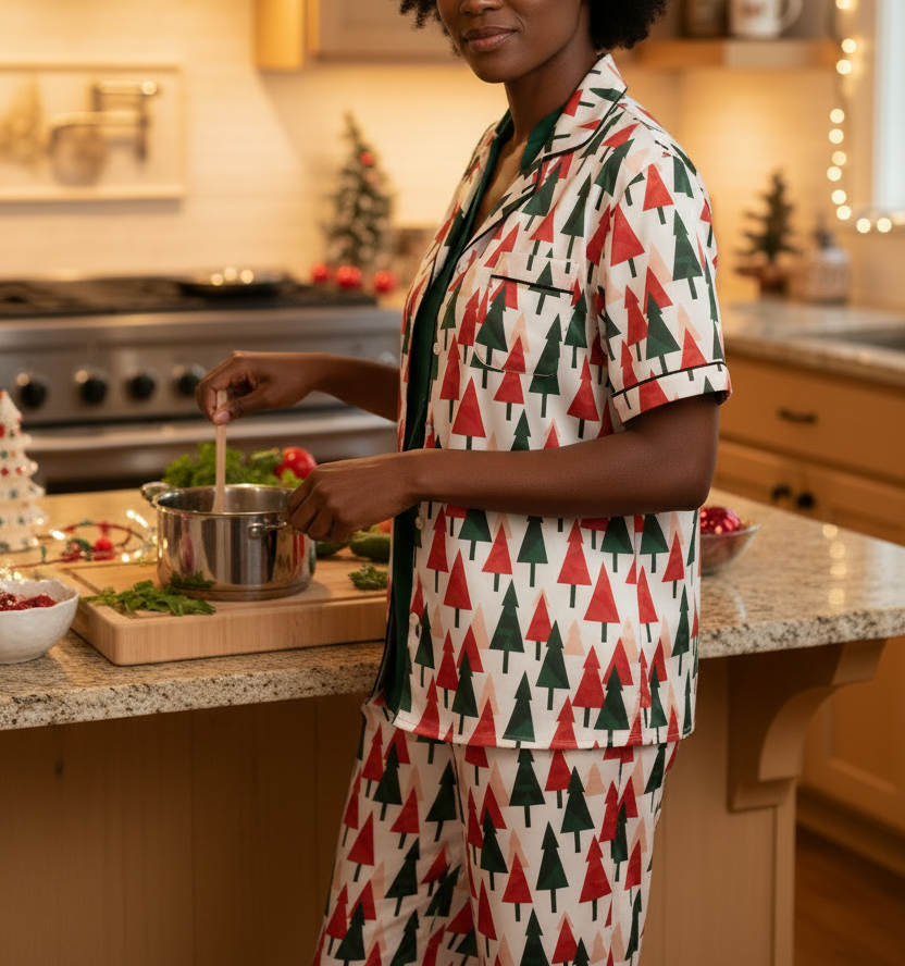 Festive tree-print short-sleeve pajama top with button placket and collar