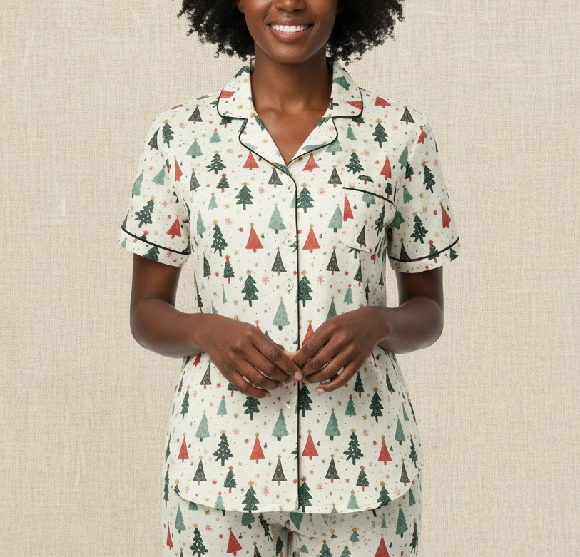 Women’s short-sleeve pajama top with white Christmas tree print and button front