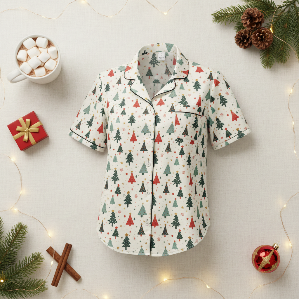 A short-sleeve pajama top with a Christmas tree print, laid flat on a light beige fabric background decorated with holiday props including a mug of marshmallows, a small gift box, pine branches, cinnamon sticks, and fairy lights.