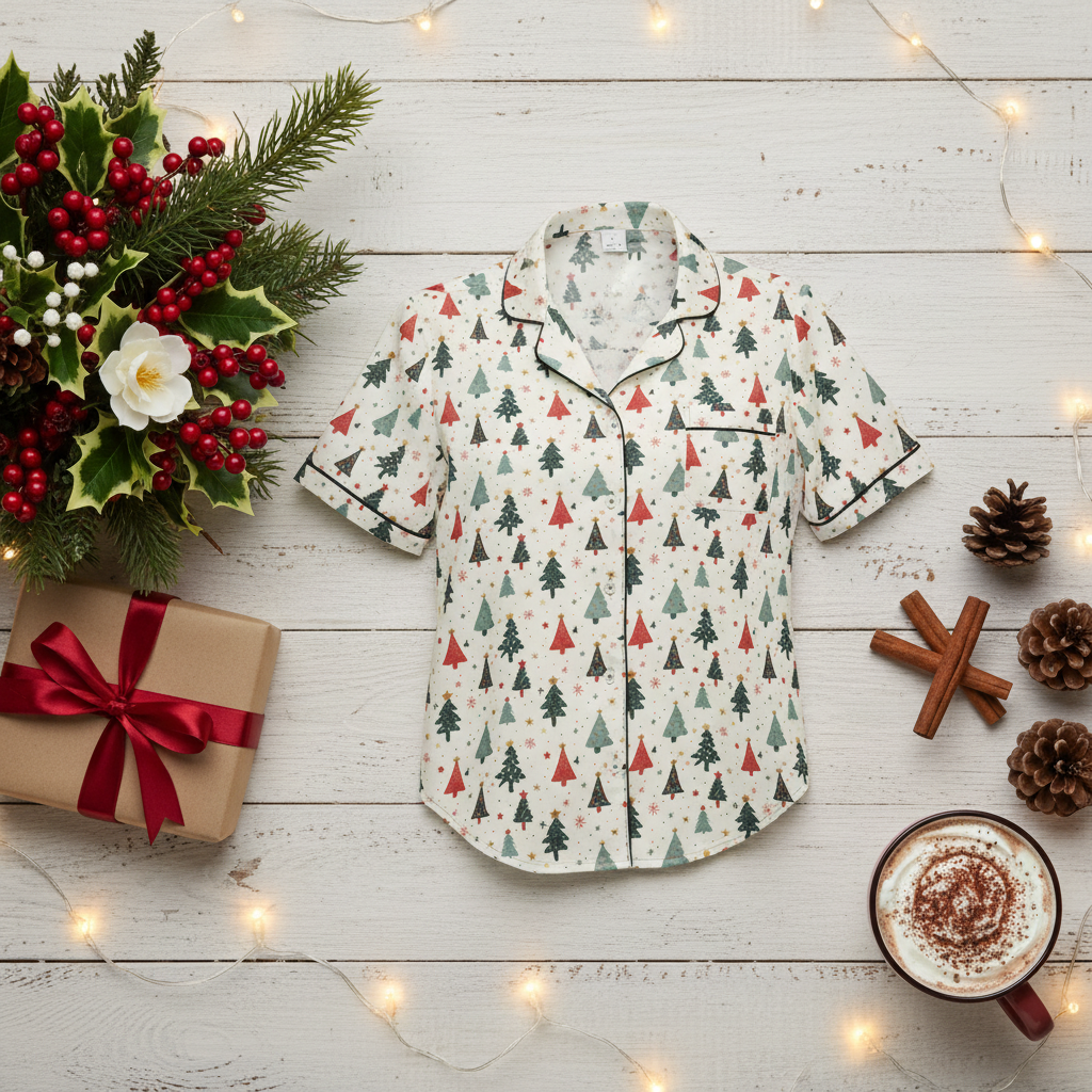 A short-sleeve pajama shirt with a Christmas tree print, styled in a flat lay on a white wooden background with holiday decorations including a gift box, holly, cinnamon sticks, pinecones, and a mug of cocoa.