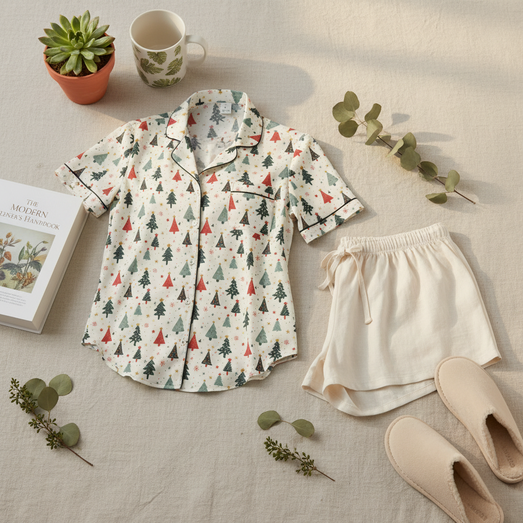 A children's pajama set laid flat on a light fabric surface, including a short-sleeve button-front pajama shirt with an allover Christmas tree print and matching cream shorts. A mug, small potted succulent, book, and slippers are arranged around it as styling props.