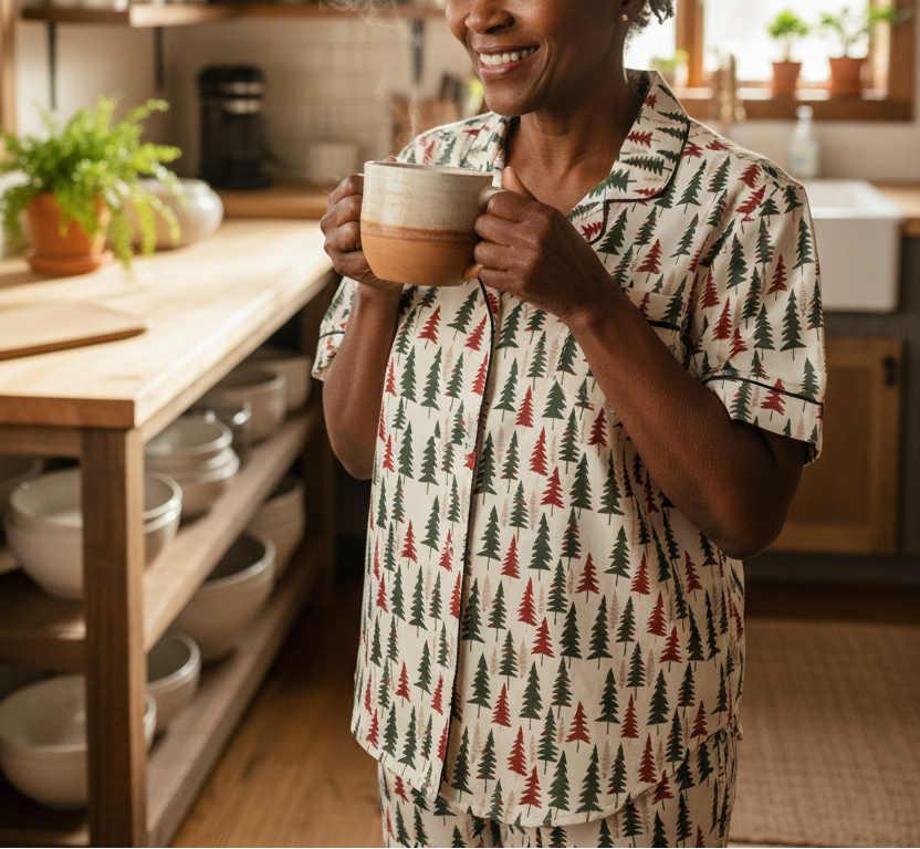 A smiling woman in a cozy kitchen wearing a cream pajama set with a repeating pine tree pattern in green and red, holding a ceramic mug.