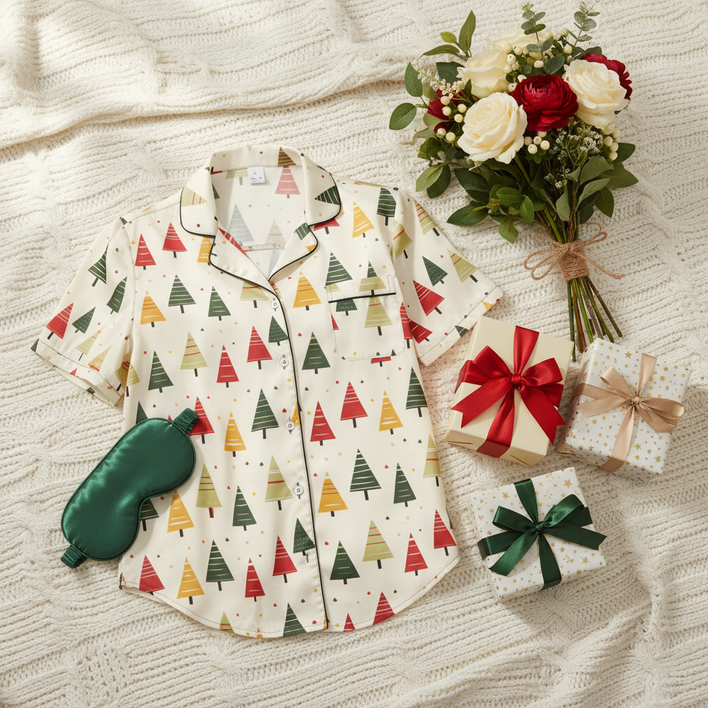 Christmas-themed pajama set with matching eye mask and small gift boxes on a textured surface.
