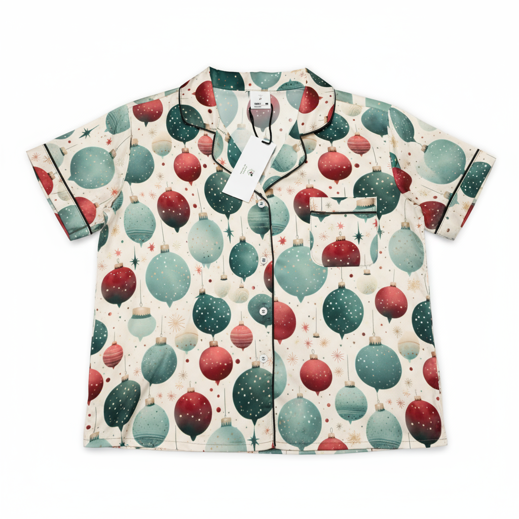 Short-sleeve shirt with Christmas ornament pattern on a white background