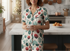 Woman in a patterned pajama set holding a mug in a kitchen.