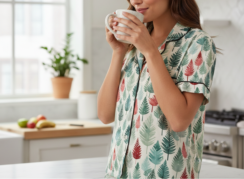 Woman in a kitchen wearing pajamas with a leaf pattern, holding a mug.