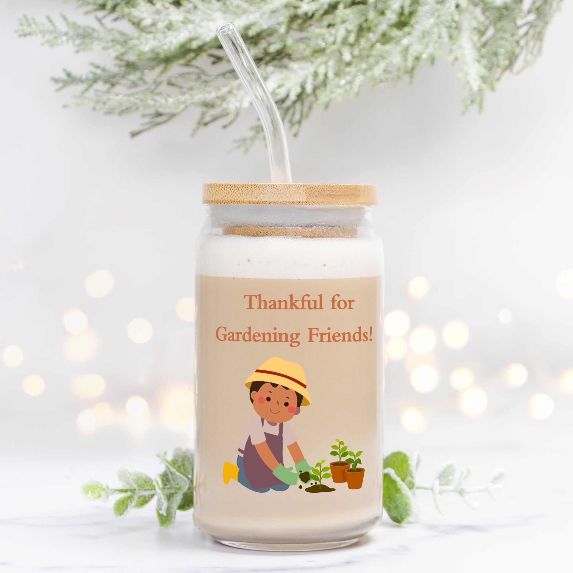 Jar with a straw, featuring a gardening-themed design and text, on a light background.