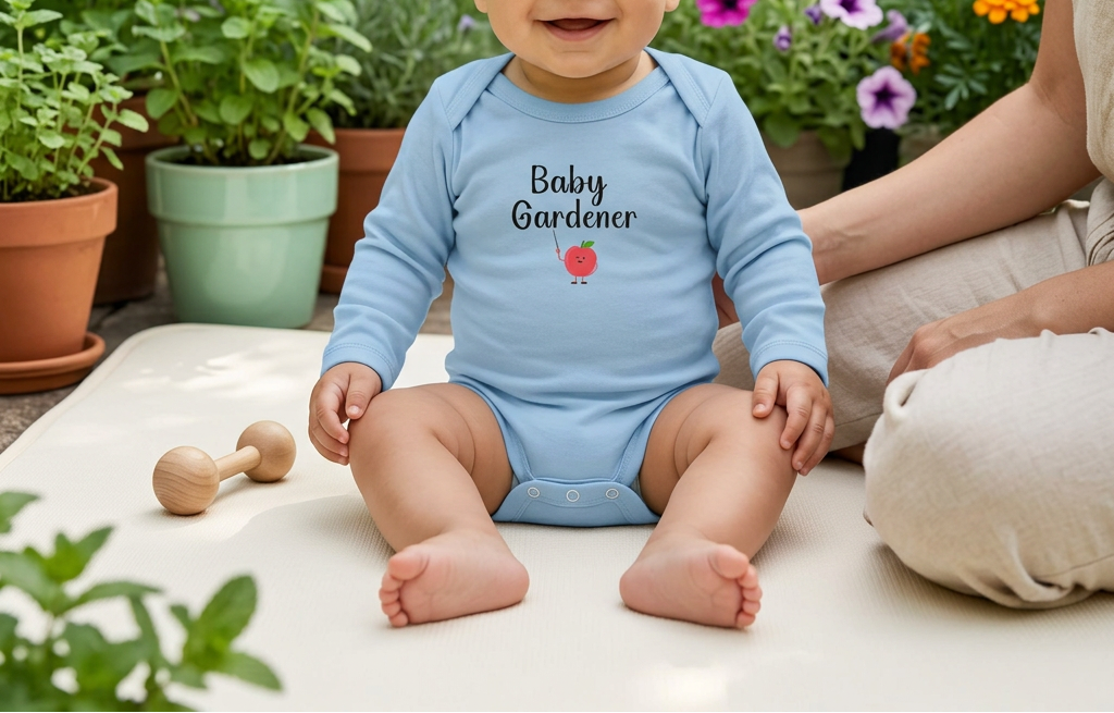 Baby boy in light blue on a shaded garden play mat