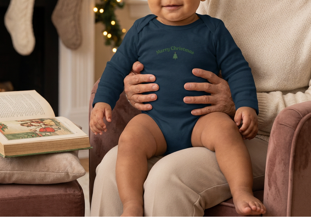Baby boy in navy at Christmas storytime