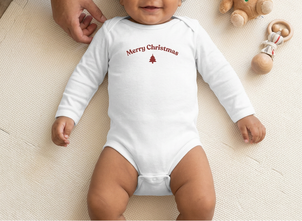 Baby boy in white onesie on festive play mat