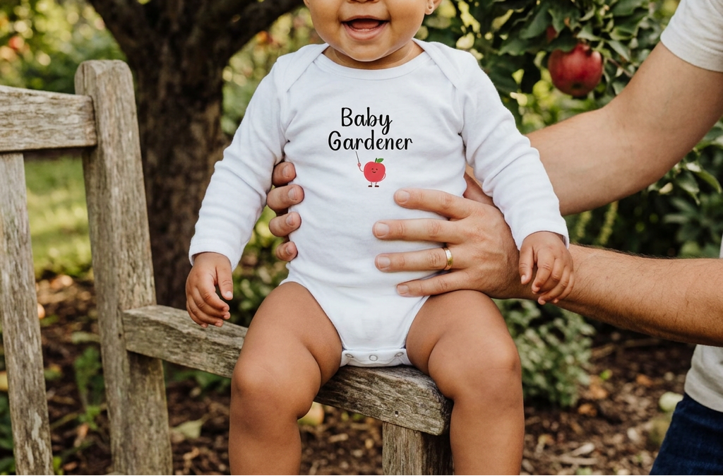 Baby Gardener Apple Onesie lifestyle photo with apple tree