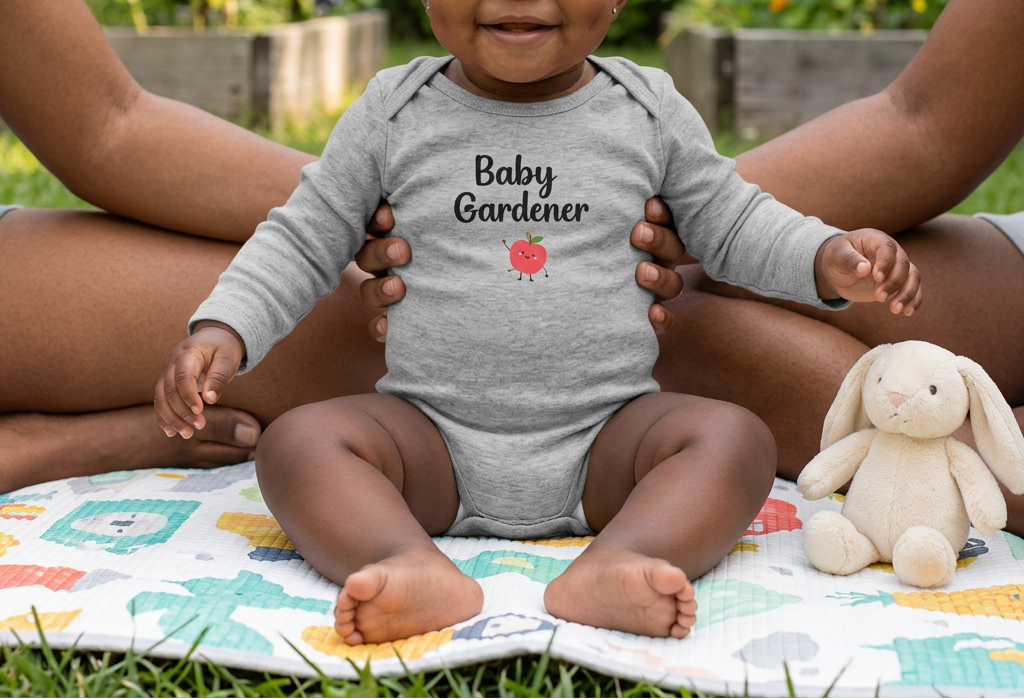 Baby girl in heather gray in a sunflower garden