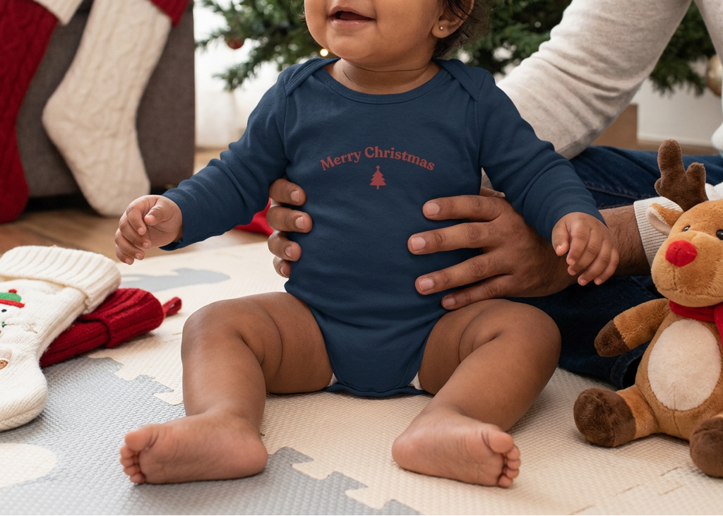 Baby girl in navy onesie in Christmas play scene