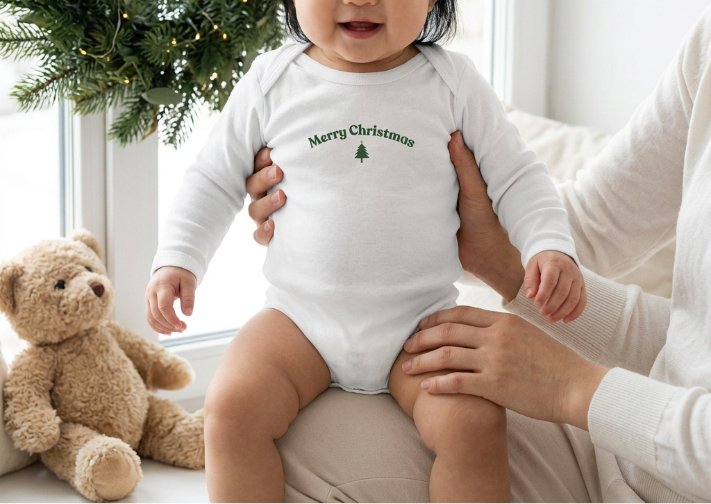Baby girl in white beside Christmas window
