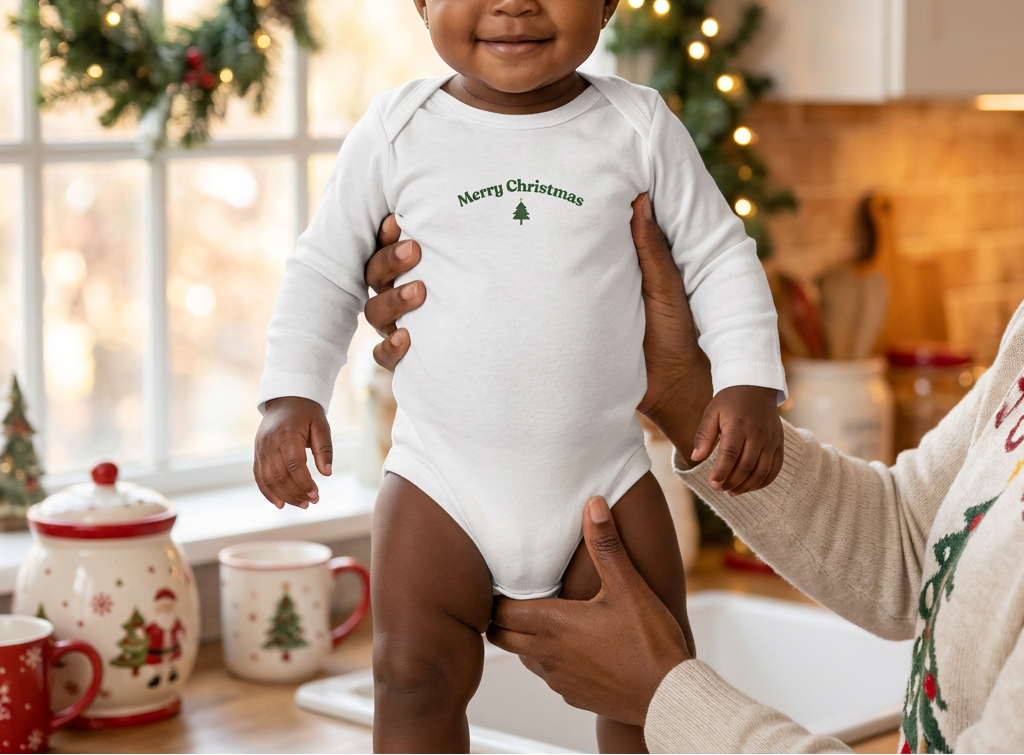Baby girl in white by festive kitchen window