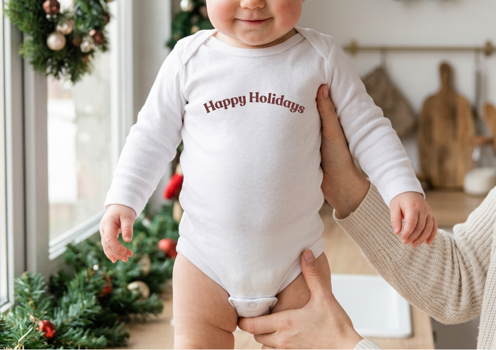 Baby girl in White in a festive kitchen setting