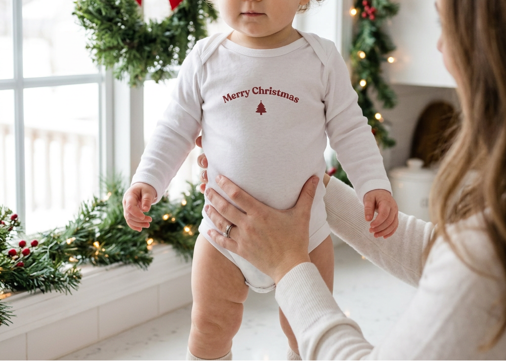 Baby girl in white onesie near festive kitchen window