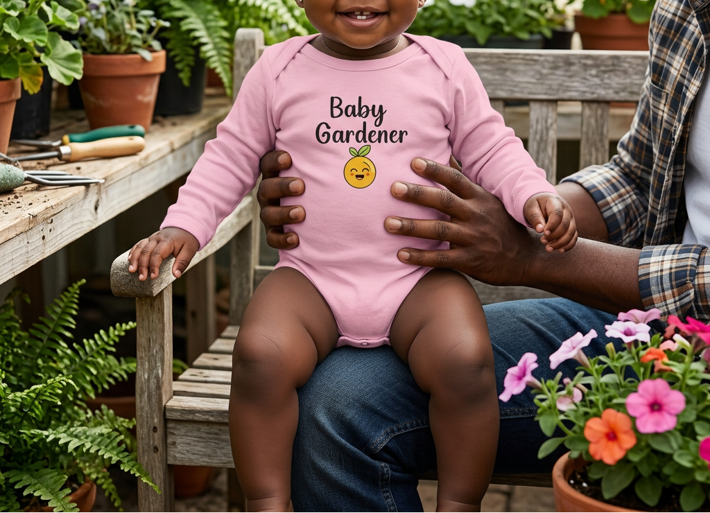 Baby in pink beside greenhouse plants