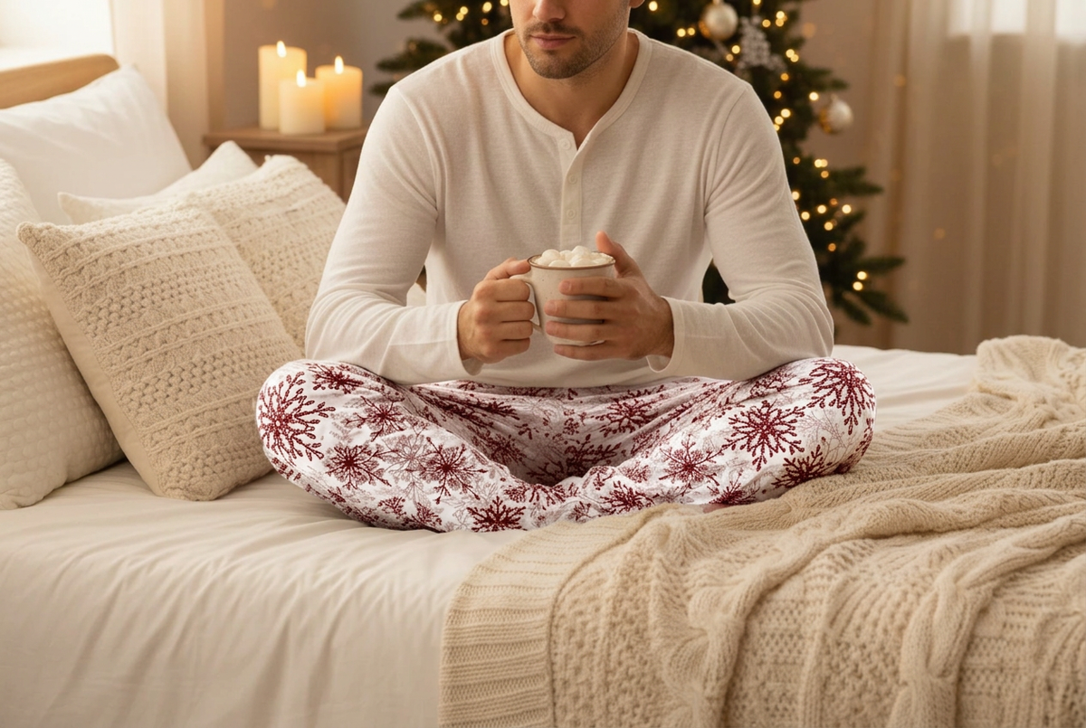 Bed scene with corrected Red Snowflake pants artwork