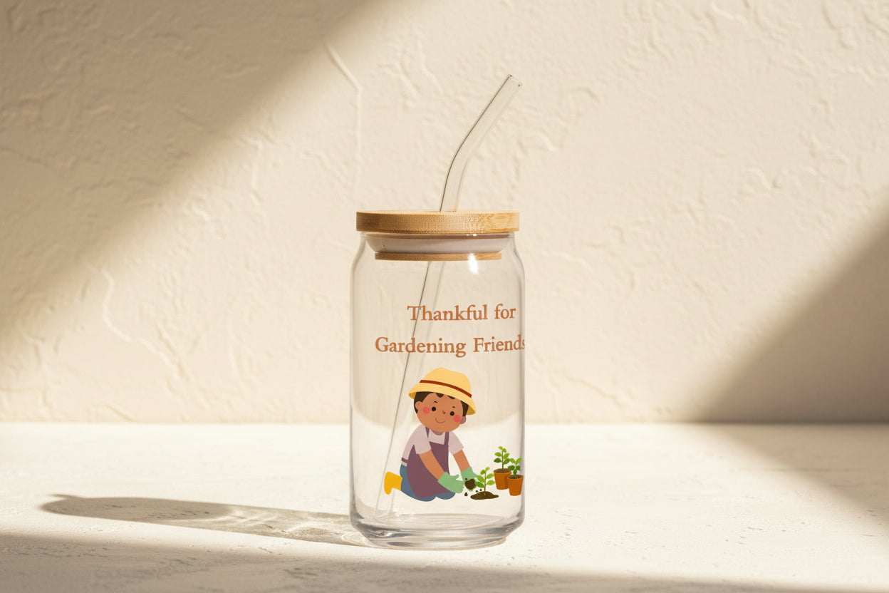 Glass tumbler with straw featuring a gardening-themed design and text on a white background