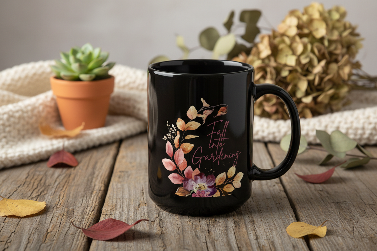 Black mug with floral design and text on a wooden surface with decorative elements.