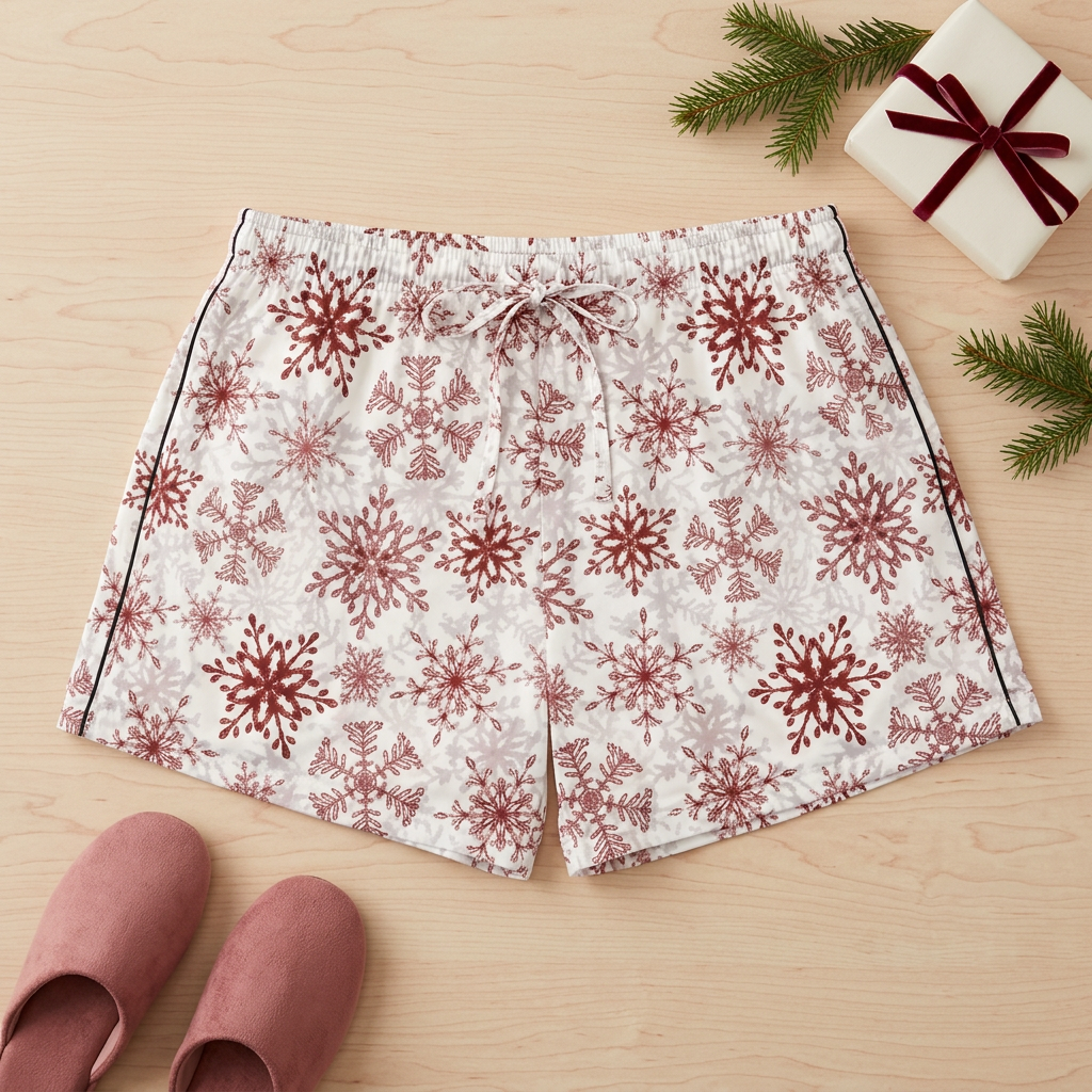 Black-piping Red Snowflake shorts styled with complementary holiday items