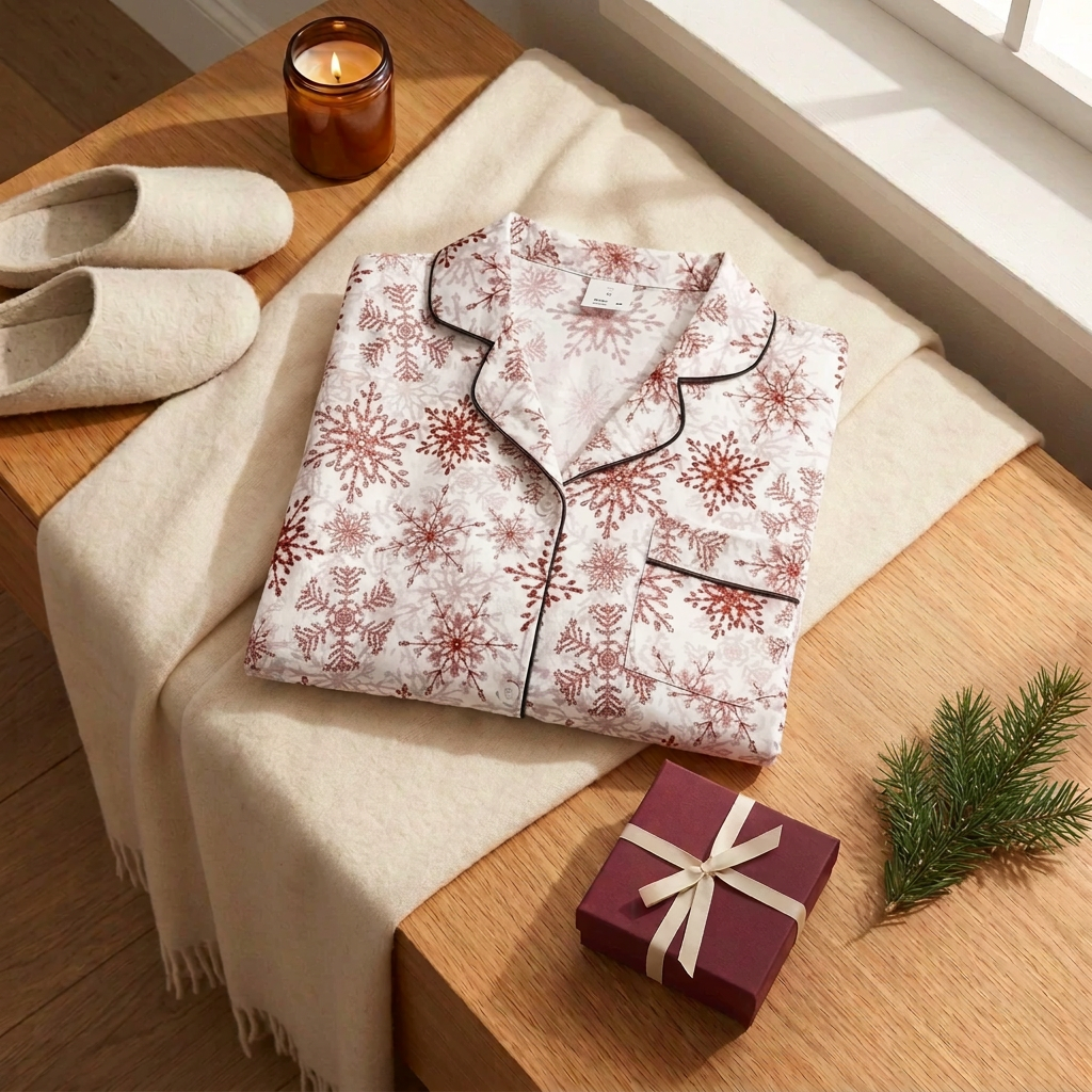 Black-piping Red Snowflake top revised into a compact soft fold with holiday items beside it