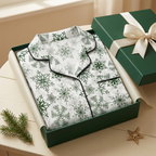 Black-trim Green Snowflake short sleeve pajama top in a luxury green gift box