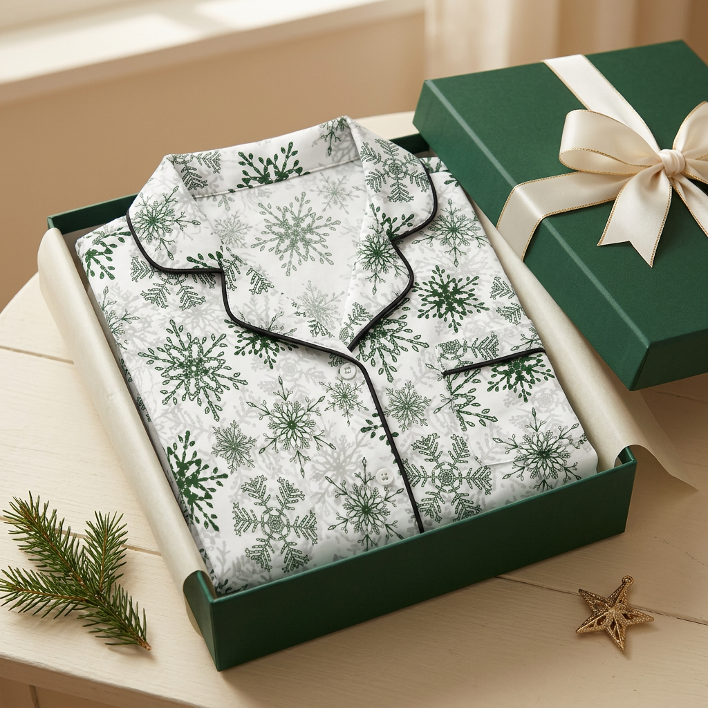 Black-trim Green Snowflake short sleeve pajama top in a luxury green gift box