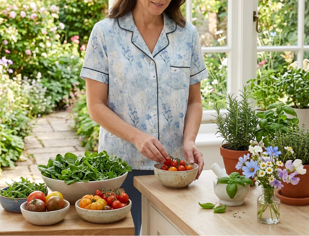 Black-trim pajama top in a garden-inspired cooking scene