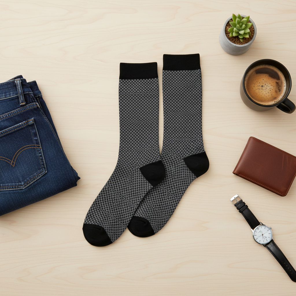 Pair of patterned socks with jeans, coffee, wallet, and watch on a table.