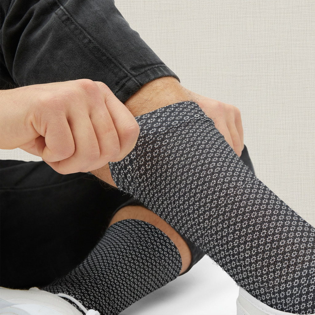Person wearing black and white patterned socks with a neutral background