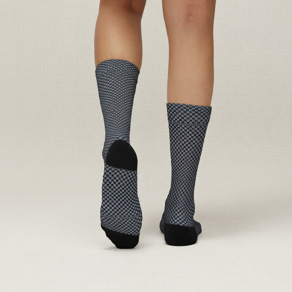 Person wearing black and white patterned socks on a neutral background