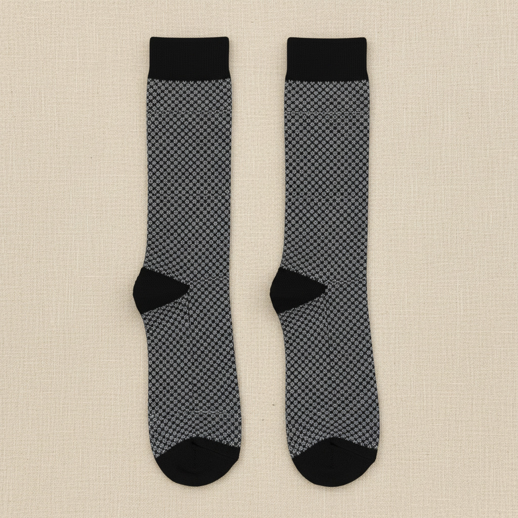 Black and gray patterned socks on a white background