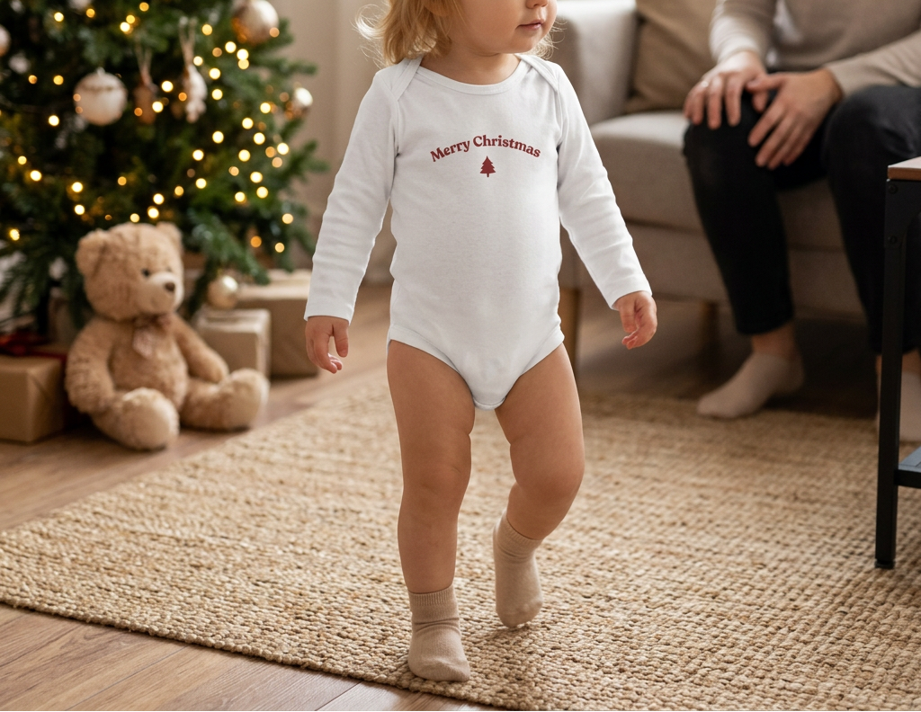 Blond toddler girl in white onesie